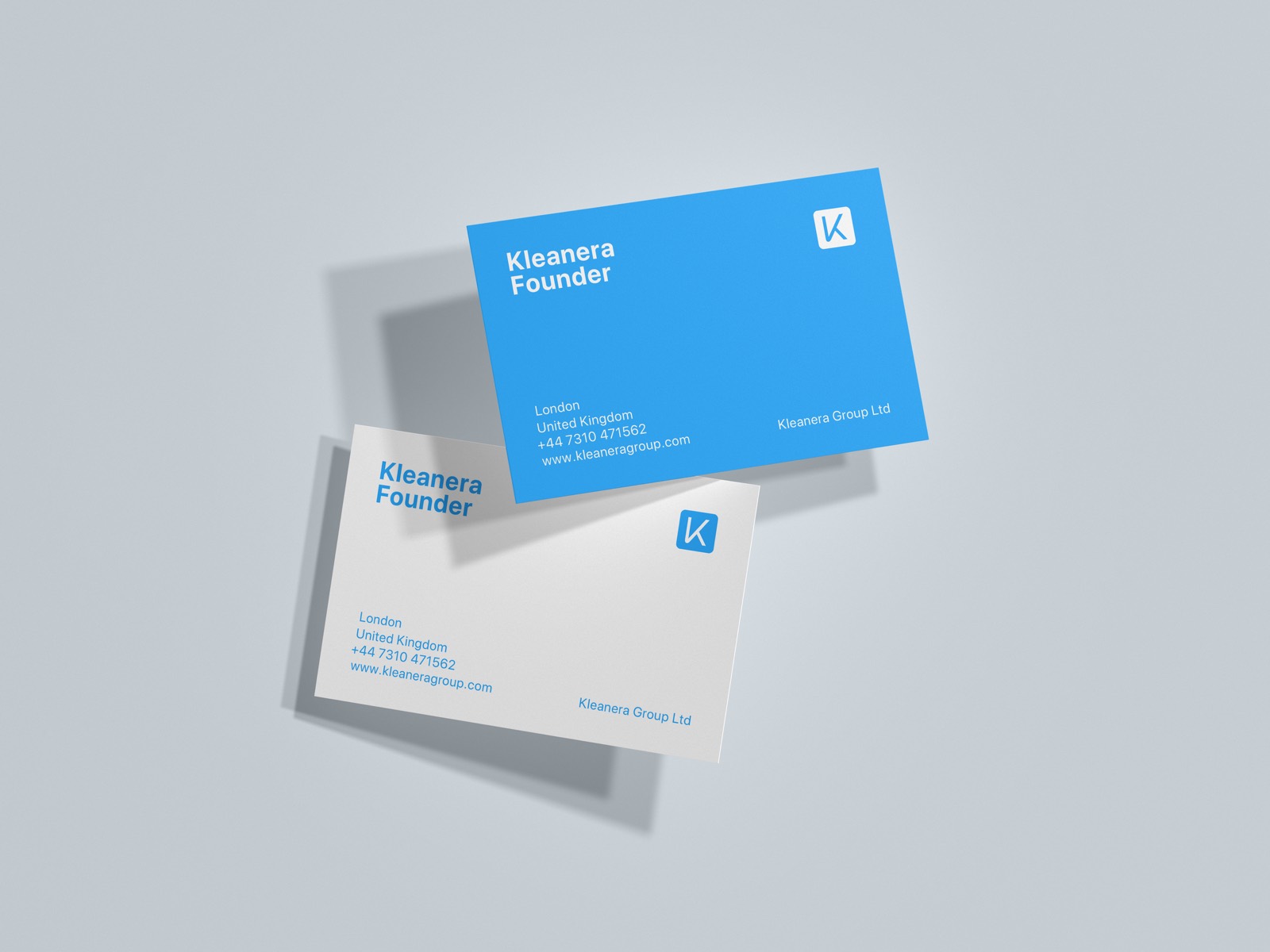 Kleanera business cards showing the logo mark and wordmark