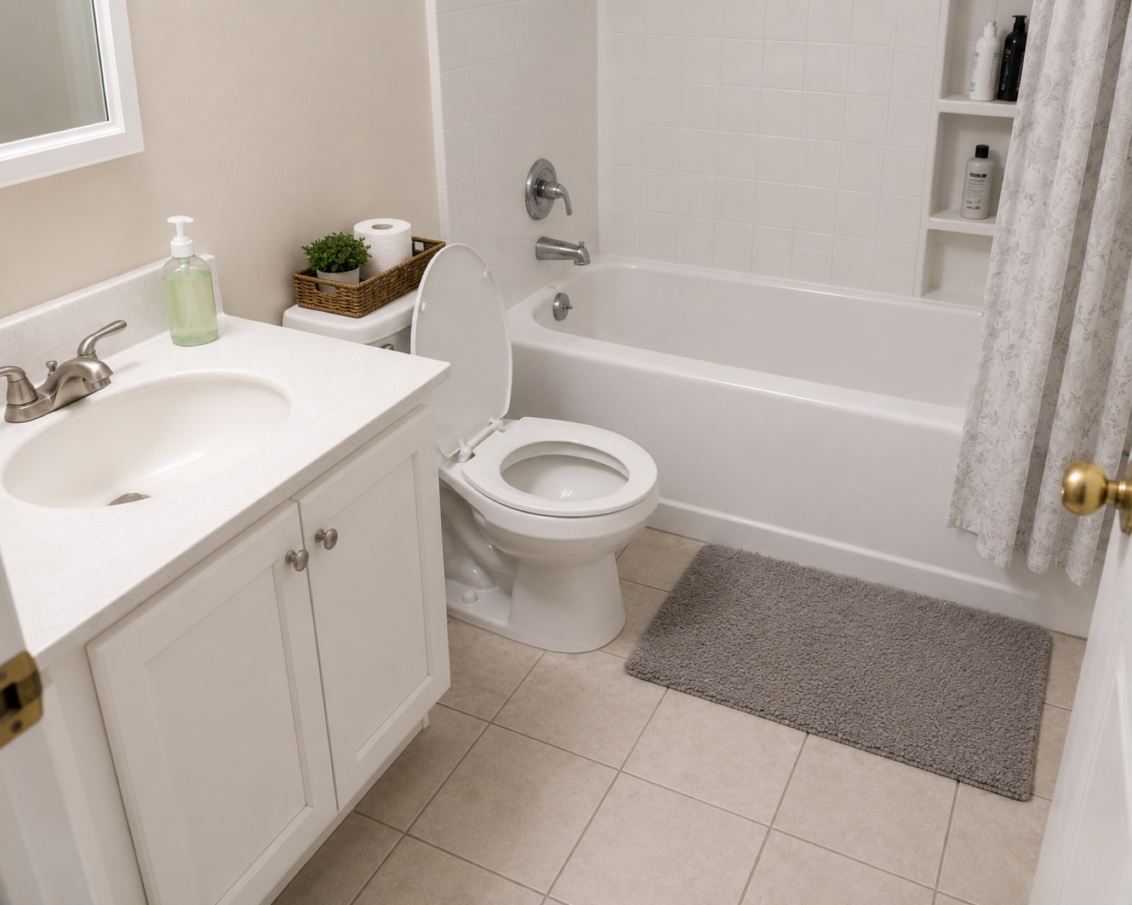 The same bathroom after a deep clean, with the sanitaryware, tiling and floor back to white