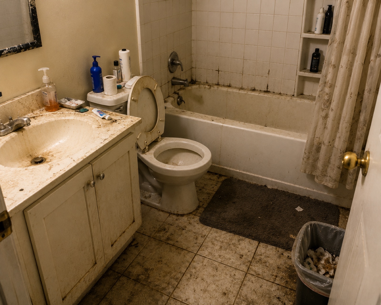 Bathroom before cleaning, with staining across the sink, toilet and bath and mould in the tile grout