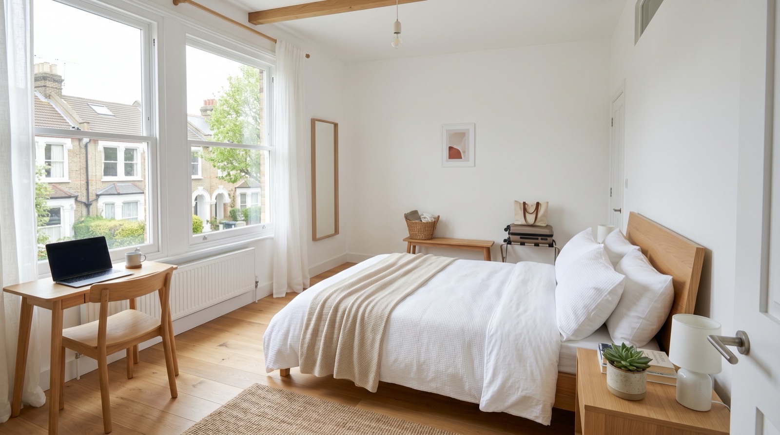 The same bedroom turned over for the next guest, with fresh linen, made bed and a clear desk