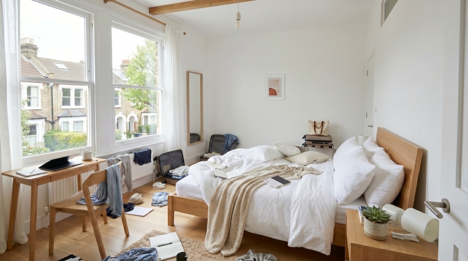 Bedroom left after a guest checked out, with an unmade bed, clothes over the chair and an open suitcase