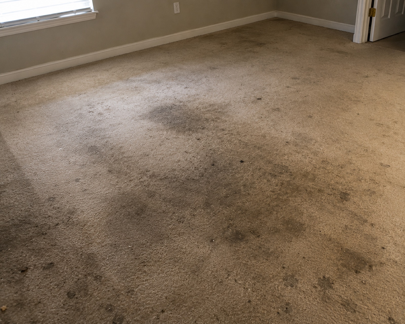 Bedroom carpet before treatment, heavily soiled with traffic lanes and dark staining