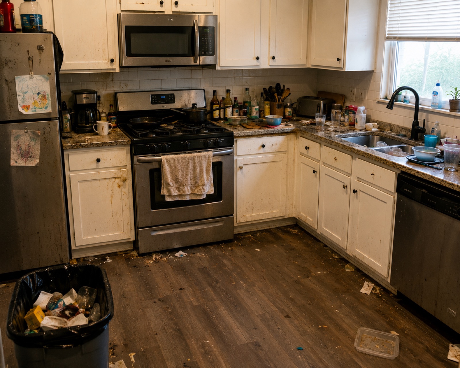 Kitchen before cleaning, with grease down the cabinet doors, cluttered worktops and food debris across the floor