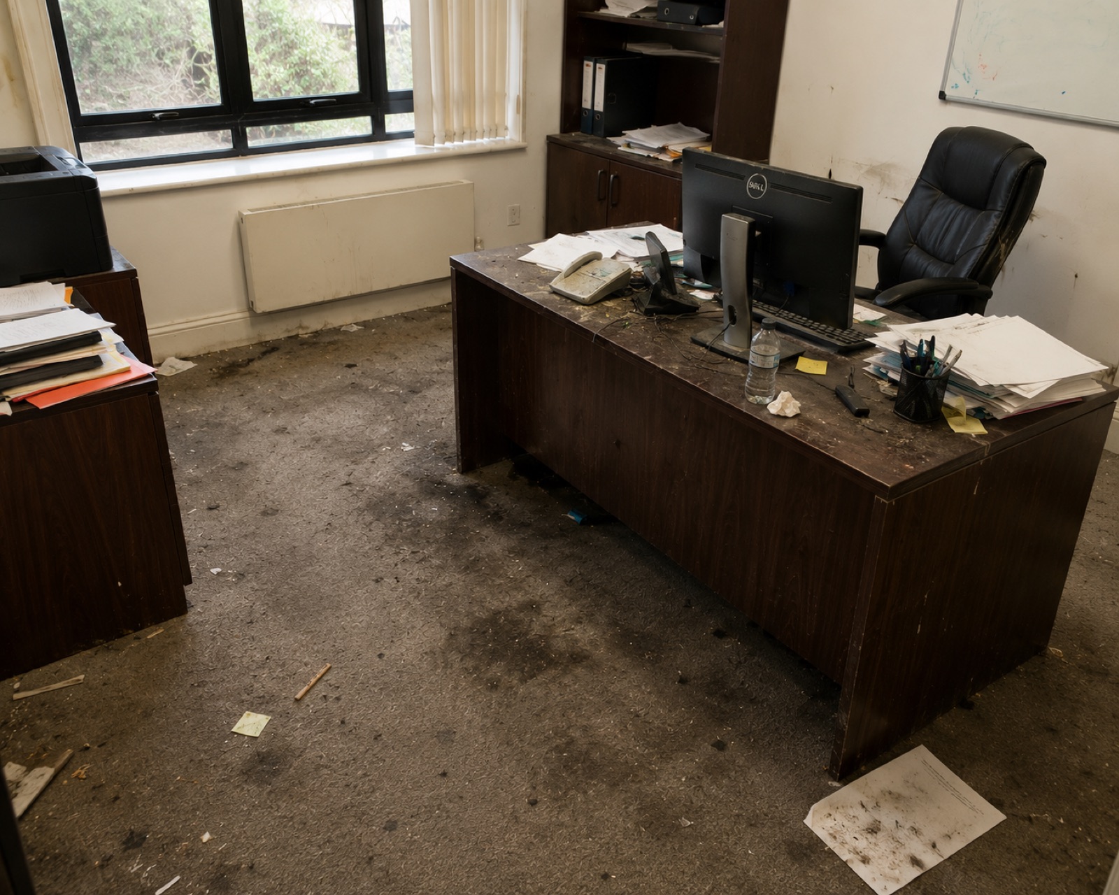 Office before its first clean, with a dust-covered desk, cluttered paperwork and badly soiled carpet