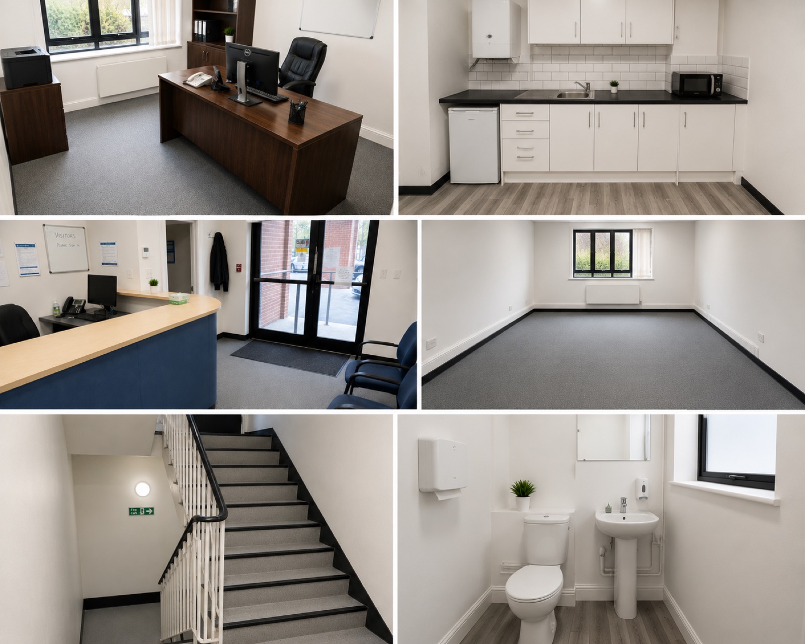 Six rooms of a finished office suite: private office, kitchen, reception, meeting room, stairwell and washroom